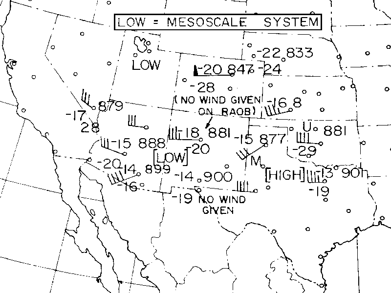 Figure 11 - Carte météo synoptique - Graphe de pression constante, 500 mb, M. S. I. de près de 19000 pieds - 27    Janvier 1953 (0300 Z) s3[Image des USA recadrée pour n'inclure que les données météo]