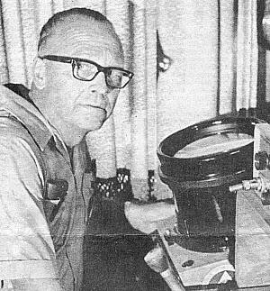 RADAR JAMMED-James Thornhill, a retired Air Force officer, meteorologist and director of civil defense in the south    Mississippi community of Columbia, sits by the radar scope he says "jammed" as he was tracking an object that became    stationary just before the radar went out. Thornhill said shortly after that he began getting reports of UFO's from    area residents. The south central U.S. is the current center of "flying saucer" sightings. (UPI)