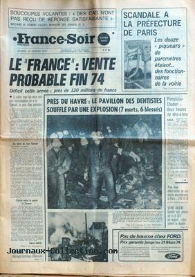 France Soir 1974-02-23, indiquant : Soucoupes volantes : 'Des cas n'ont pas reçu de réponse satisfaisante' déclare M. Robert Galley