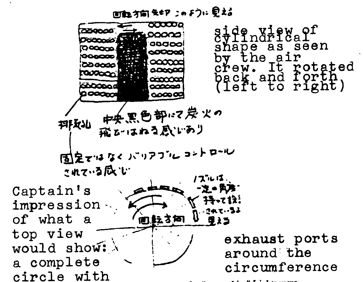 Figure 9: Pilot's sketch of side and top views of a "spaceship". Lights were moving to left and right as    indicated by arrows.