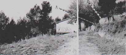 Fig. 5. Vue du site: Maison de M. Nicolai vue depuis la trace. Les lignes A et B pointent vers les localisations du    témoin lorsque l'objet fut d'abord observé et lorsqu'il décolla, respectivement