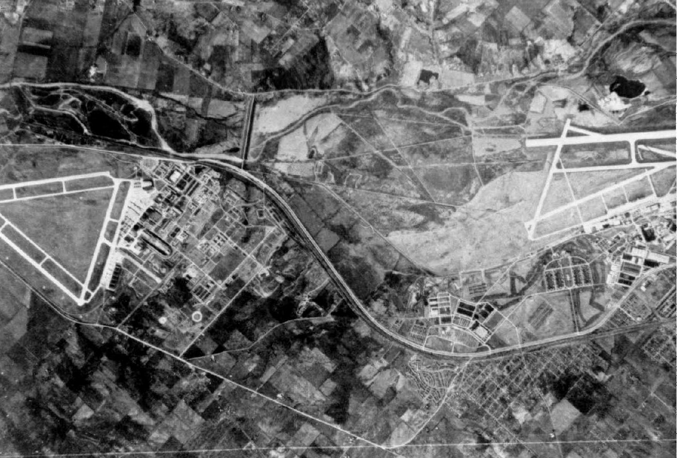 Fig. 4 - Wright-Patterson AFB, the complex of organizations located at Dayton, Ohio. Wright Field, the top secret    engineering research facility is located at the triangular field on the left. Patterson Field, the actual air force    base is separated by a civilian highway and is on the right. Howard McCoy's Intelligence Division was located right    of center in the picture on Patterson Field s7USAF