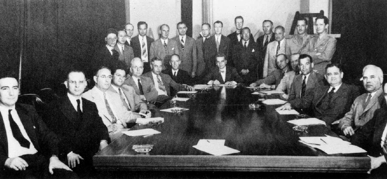 Fig. 5 - USAF-SAB. The United States Air Forc e's Scientific Advisory Board in the late 1940's. Theodore von Karman    is at the head of the table. At the near left front is George Valley of MIT, the chief advisor on UFO's in the    relevent period s9USAF