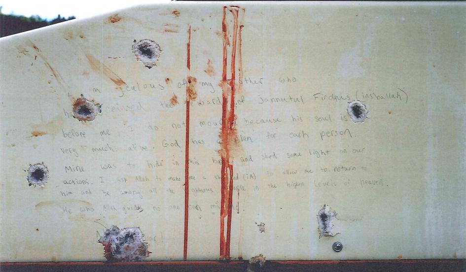 Message écrit par Djokhar Tsarnaev dans le bateau où il s'était caché