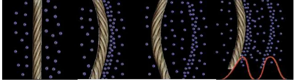 Quatre états successifs d'une corde vibrante et des particules d'air qu'elle comprime et détend