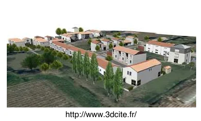 Vue aérienne en 3D d'un quartier de maisons reconstitué numériquement