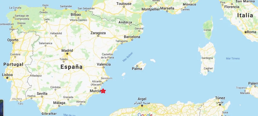 Carte de l'Espagne avec une étoile sur la côte de Murcie, près de Carthagène