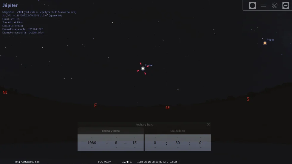 Carte du ciel Stellarium du 15 août 1986 à 0 h 30, Jupiter sélectionnée et Mars à sa droite