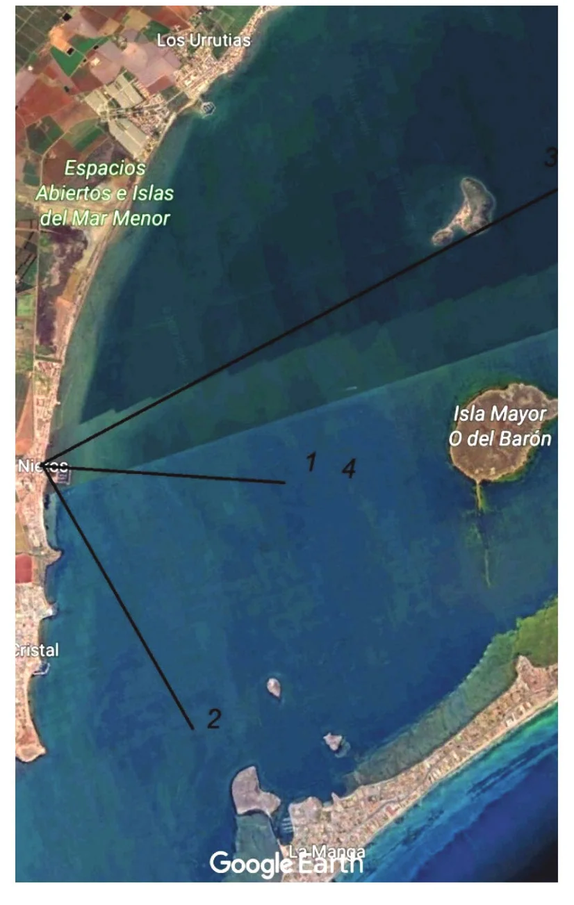 Vue satellite du Mar Menor avec des lignes de visée depuis Los Nietos vers les points 1 à 4