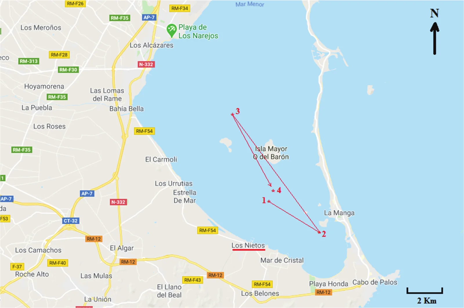 Carte routière du Mar Menor avec les points 1 à 4 reliés par des flèches, Los Nietos souligné