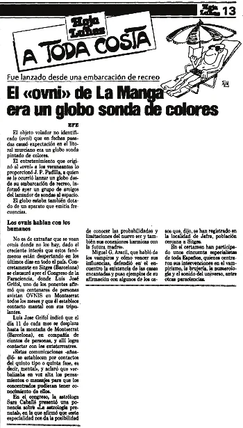 Page de journal intitulée El «ovni» de La Manga era un globo sonda de colores