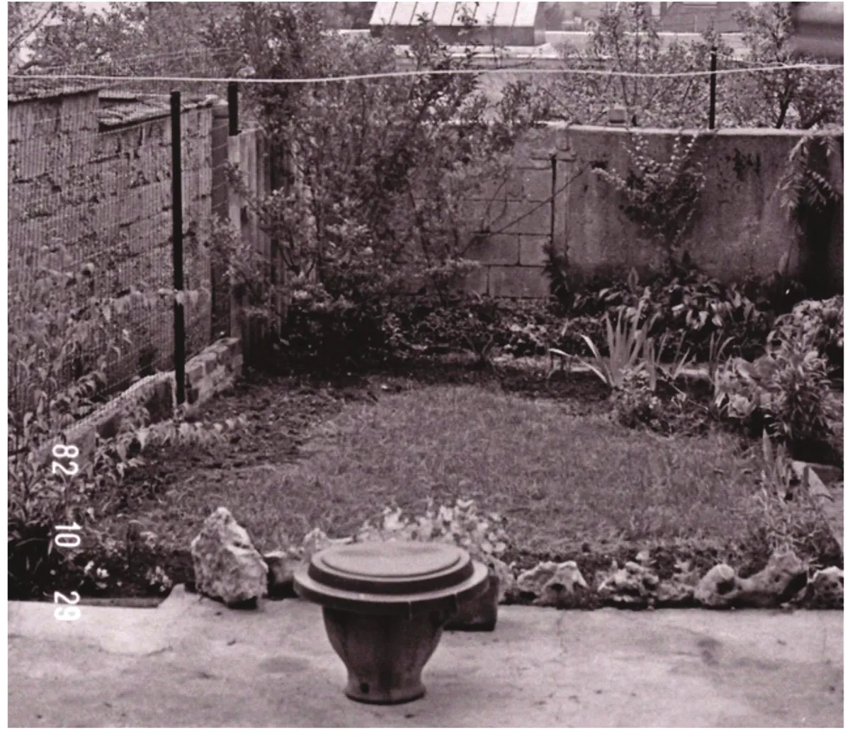 Black and white photo of a small walled garden seen from the terrace: a lawn, a strip of turned-over soil along the wall, a stone planter in the foreground, date stamp 82 10 29