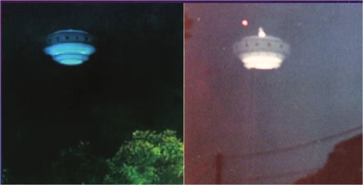 Deux photos côte à côte d'une soucoupe lumineuse semblable avec une bande de hublots : à gauche la maquette
         au-dessus d'arbres la nuit, à droite l'ovni de Walters dans un ciel rougeâtre au-dessus d'une ligne électrique