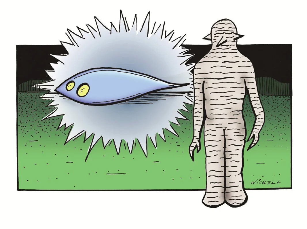 Drawing of a glowing, elongated blue craft hovering above a green field at night, next to a gray, wrinkled, neckless humanoid with pointed ears and nose and clawed hands