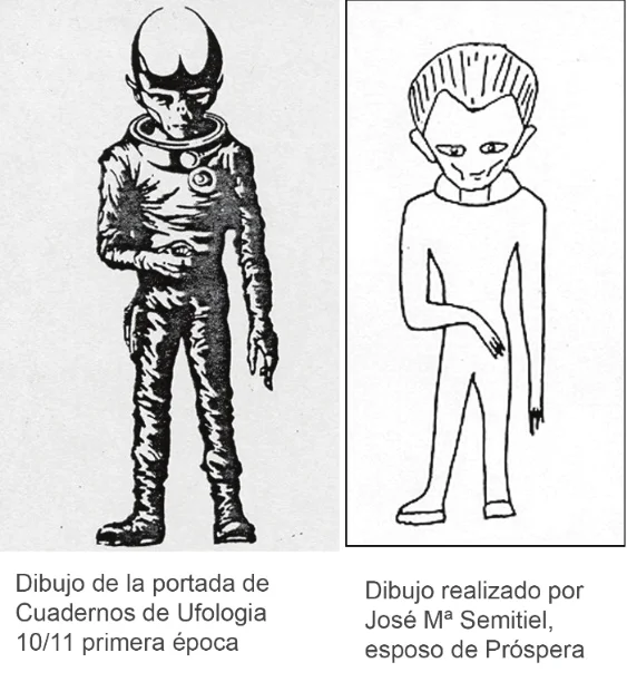 Two drawings side by side: a dark humanoid in a space suit with a collar, and a line drawing of a thin humanoid with spiky hair and a high collar, captioned in Spanish