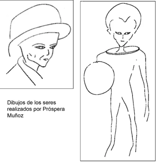 Two line drawings: the head of a being wearing a wide hat, and a thin being with a large skull holding a round helmet under its arm, captioned in Spanish